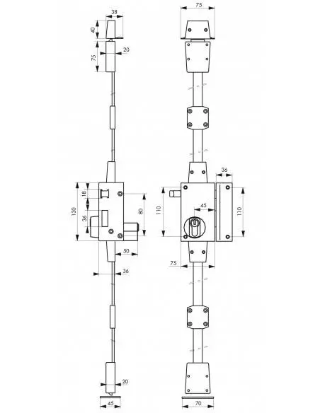 Serrure verti bronze cp à tirage 75 x 130 mm droite 4 clés