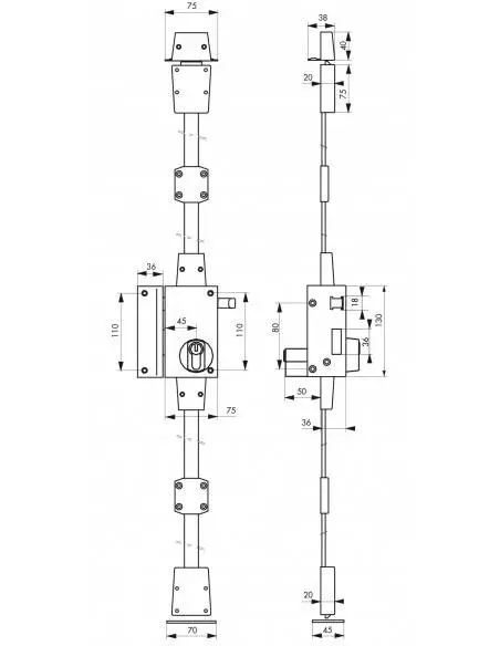 Serrure verti bronze cp à tirage 75 x 130 mm gauche 4 clés