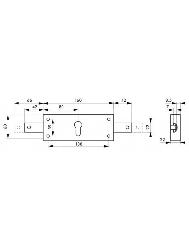 Boîtier serrure horizontale à cylindre pour rideau métallique 2 points latéraux Boîtier serrure horizontale à cylindre pour rideau métallique 2 points latéraux