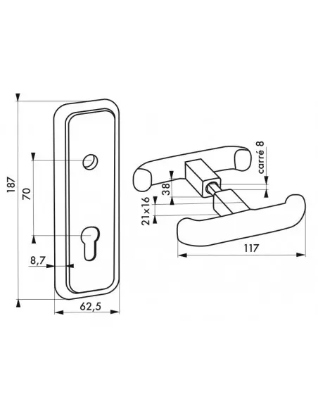 Poignee et plaque de propreté e70 pour porte basculante carré 8 mm pour réf. 096562