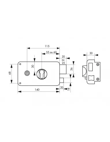 Boîtier à cylindre prof. 140 x 88 mm axe 60 droite "poussant" Boîtier à cylindre prof. 140 x 88 mm axe 60 droite "poussant"