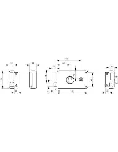 Boîtier à cylindre prof. 140 x 88 mm axe 60 gauche Boîtier à cylindre prof. 140 x 88 mm axe 60 gauche