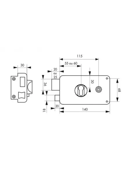 Boîtier à cylindre prof. 140 x 88 mm axe 60 gauche "poussant"