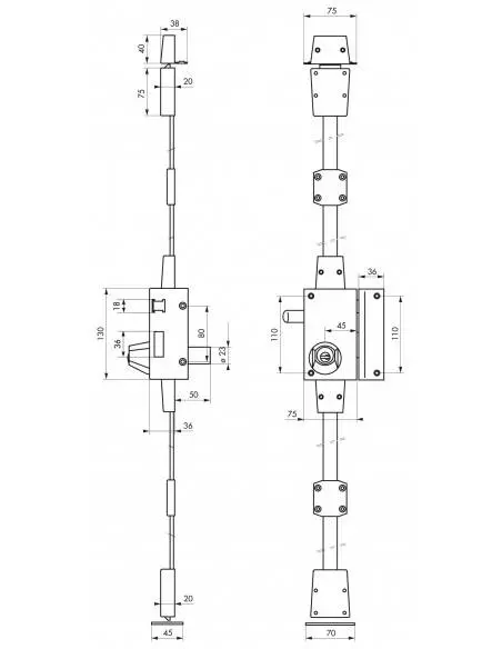 Serrure bronze CR TRANSIT 2 à tirage 75 x 130 mm droite 4 clà©s