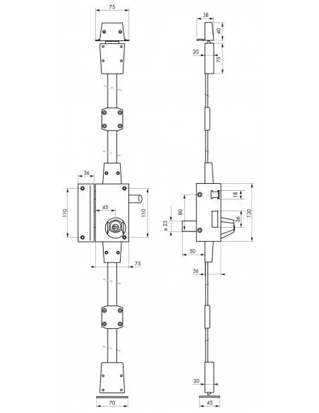 Serrure bronze CR TRANSIT 2 à tirage 75 x 130 mm gauche 4 clà©s