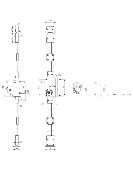 Serrure VERTI bronze CR 23 Transit 2 à tirage 75 x 130 drte 4 clés