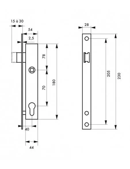 Boîtier de serrure à encastrer pour cylindre profilé axe 40 mm