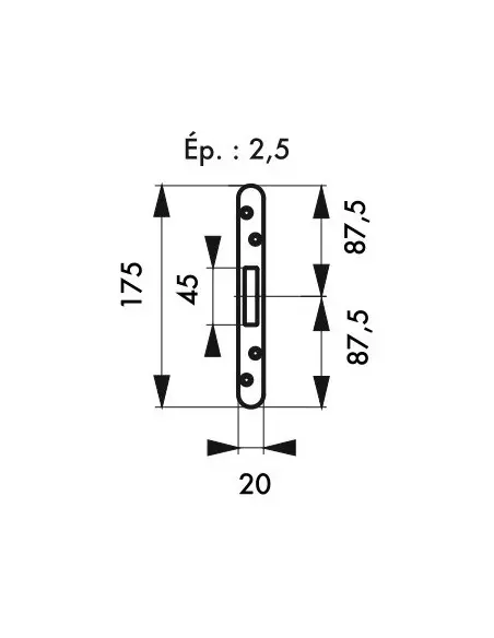 Jeu de gâches plates 20 mm bouts ronds (3 pênes rectangulaires)