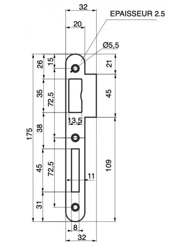 Gâche acier pour serrure norme nf à pêne dormant â½ tour Gâche acier pour serrure norme nf à pêne dormant â½ tour
