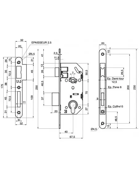 Boîtier monomax nf axe 40 à cylindre v/br sans gâche