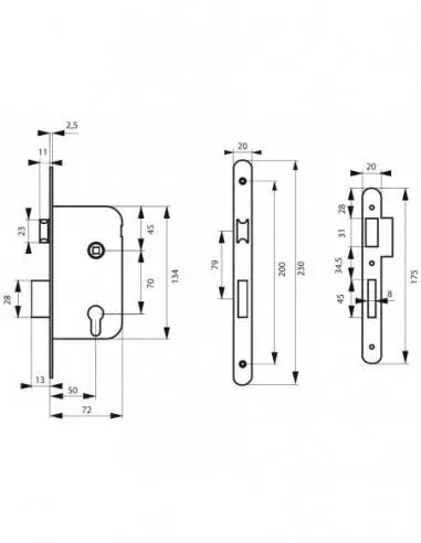 Boîtier serrure axe à 50 mm, coffre épaisseur 10 mm à cylindre v/br Boîtier serrure axe à 50 mm, coffre épaisseur 10 mm à cylindre v/br