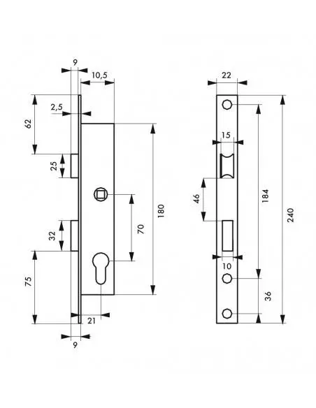 Boîtier serrure à cylindre panneton réduit axe 10,5l 21 mm e 70 réversible