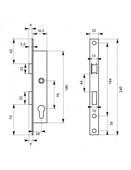 Boîtier serrure à cylindre panneton réduit axe 16,5 l 28mm e70 réversible