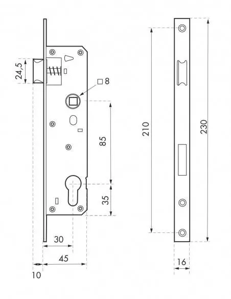 Boîtier serrure à cylindre a30 ea85mm t16