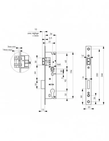 Boîtier serrure à cylindre axe 21 l 36 entr'axe 92 Boîtier serrure à cylindre axe 21 l 36 entr'axe 92
