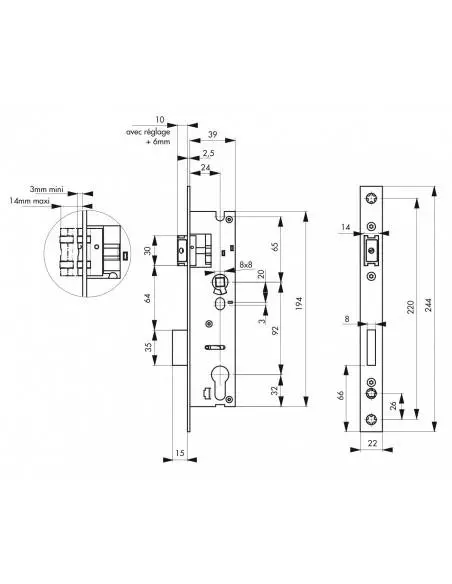 Boîtier serrure à cylindre axe 24 l 39