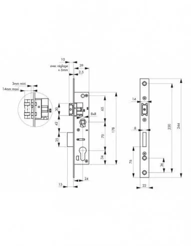 Boîtier serrure à cylindre axe 24 l 39 Boîtier serrure à cylindre axe 24 l 39