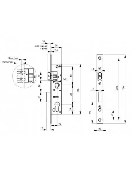 Boîtier serrure à cylindre axe 24 l 39