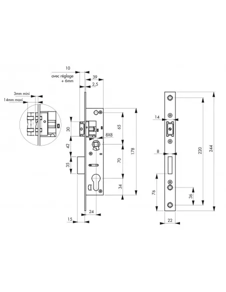 Boîtier serrure à cylindre axe 24 l 39 entr'axe 70