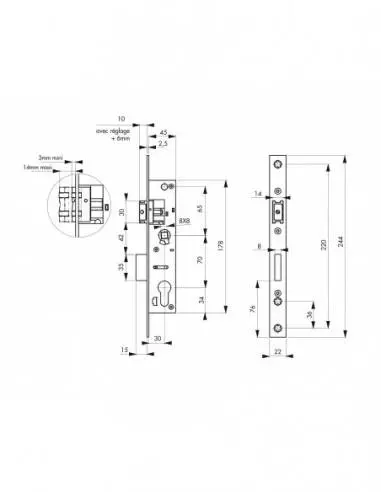 Boîtier serrure à cylindre axe 30 l 45 entr'axe 70 Boîtier serrure à cylindre axe 30 l 45 entr'axe 70