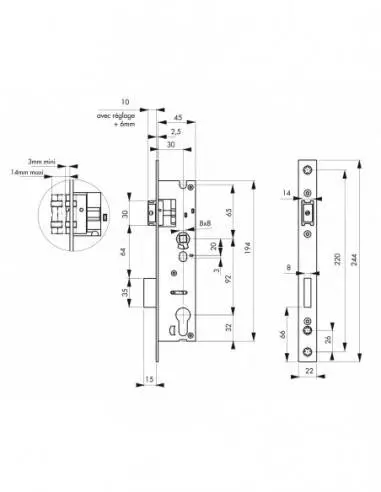 Boîtier serrure à cylindre axe 30 l 45 entr'axe 92 Boîtier serrure à cylindre axe 30 l 45 entr'axe 92