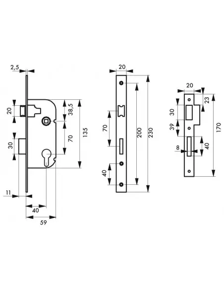 Boîtier serrure à cylindre réversible v/bc