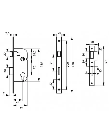 Boîtier serrure à cylindre réversible v/br