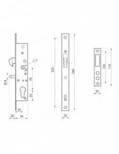 Boîtier serrure à cylindre, à crochet a20 e70 l36 2
