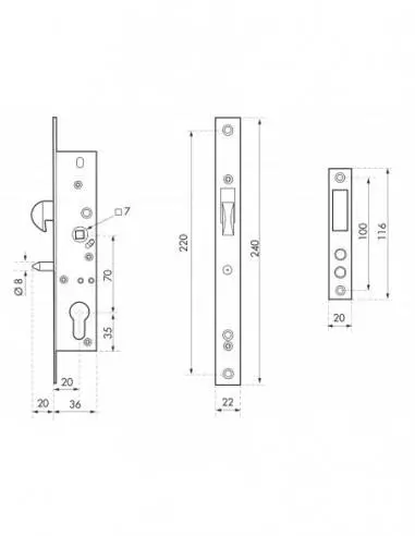 Boîtier serrure à cylindre, à crochet a20 e70 l36 Boîtier serrure à cylindre, à crochet a20 e70 l36