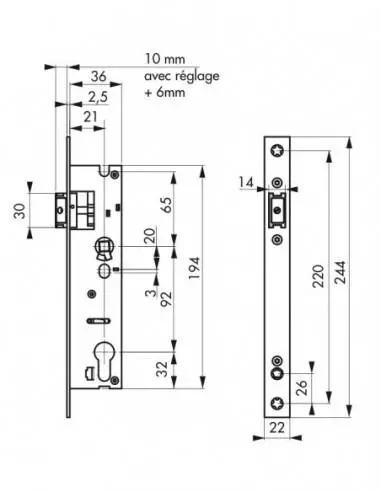 Boîtier serrure bec de cane axe 21 l 36 Boîtier serrure bec de cane axe 21 l 36