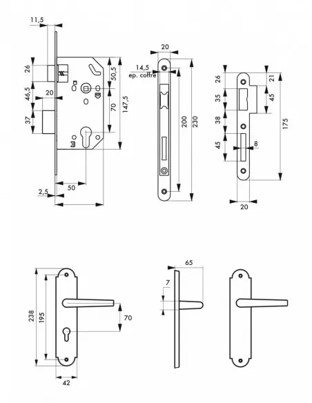 Garniture monomax axe 50 à cylindre 3 clés v/br + ensemble charon