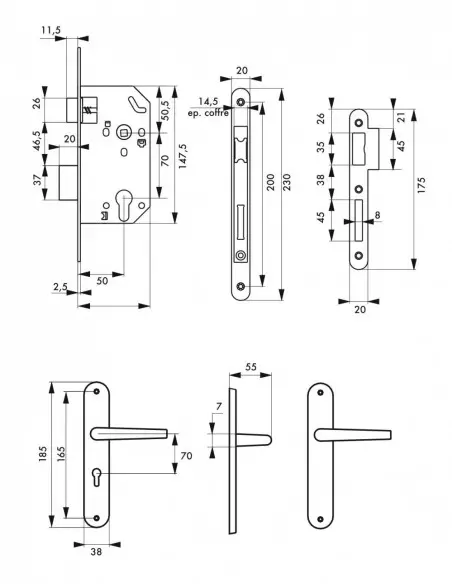 Garniture monomax axe 50 à cylindre 3 clés v/br + ensemble leto