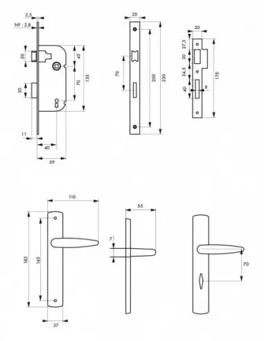 Garniture serrure axe 40 pdt ½ tour vbz/br 2 clés + ensemble ares Garniture serrure axe 40 pdt ½ tour vbz/br 2 clés + ensemble ares