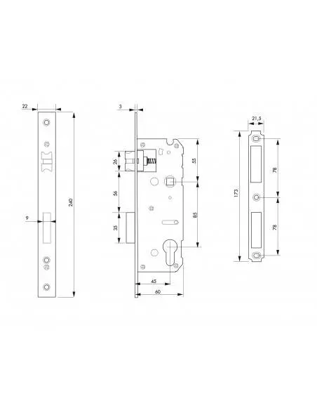 Serrure a encastrer a45mm ea85mm bout carre