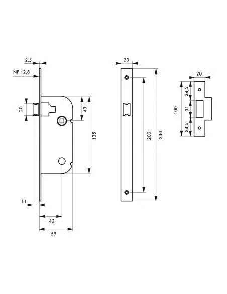 Serrure bec de cane v/br fouillot 6 x 9 mm