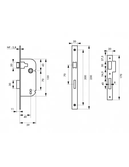 Serrure norme n.f pêne dormant â½ tour réversible v/bc 1 clé