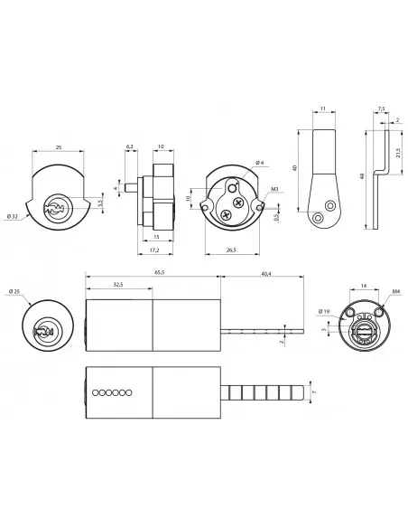 Jeu de cylindres ronds adaptateur T2 CIS 10x65 D25 4 clés