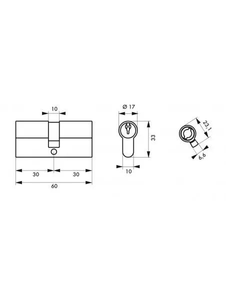 Cylindre 30 x 30 mm panneton réduit 3 clés pour réf. 011721-011728-012825