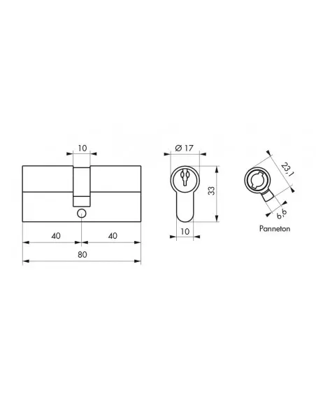 Cylindre 40 x 40 mm 3 clés avec vis de 40 mm laitonné