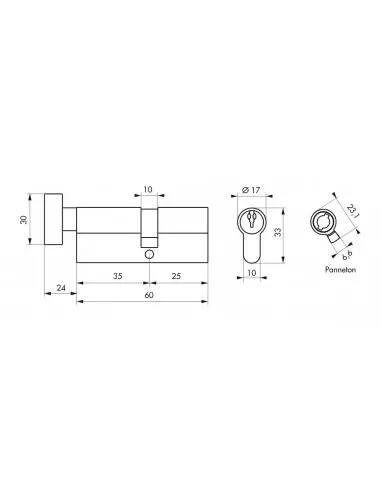 Cylindre à bouton 35 x 25 mm nickelé 3 clés Cylindre à bouton 35 x 25 mm nickelé 3 clés
