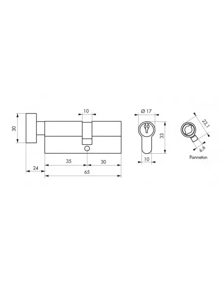 Cylindre à bouton 35 x 30 mm nickelé 3 clés