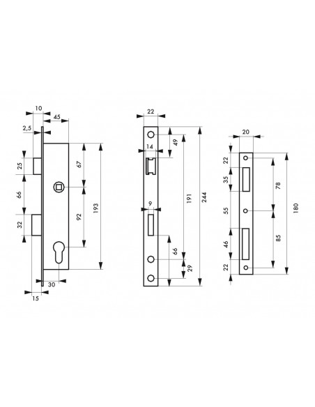 Boitier de serrure encastrable à cylindre pour menuiserie métallique, axe 30mm, L45, bouts carrés, inox - THIRARD